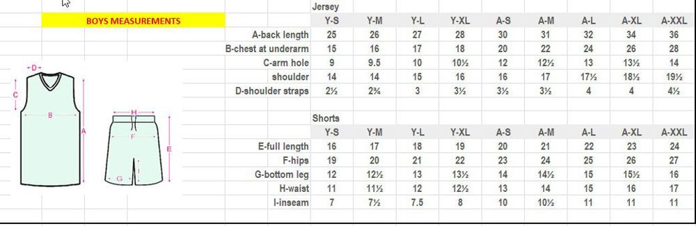 Basketball uniform size chart