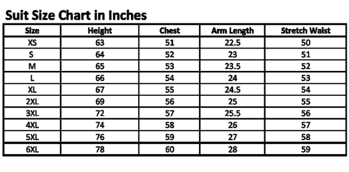Bee suits size chart