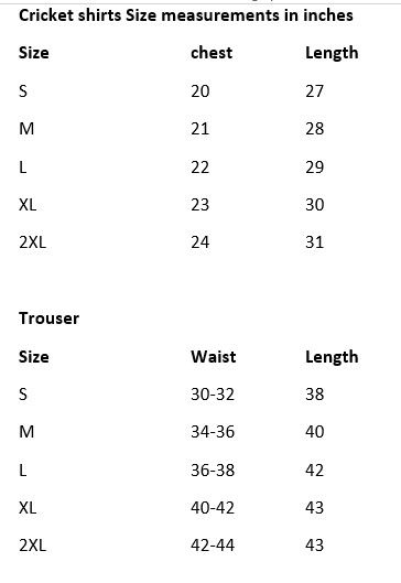 cricket uniform size chart