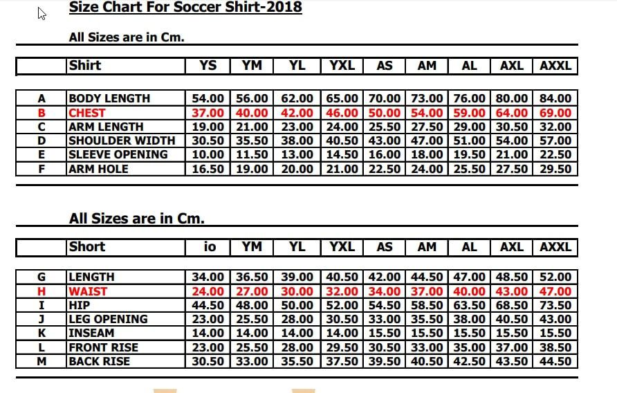 soccer uniform size chart